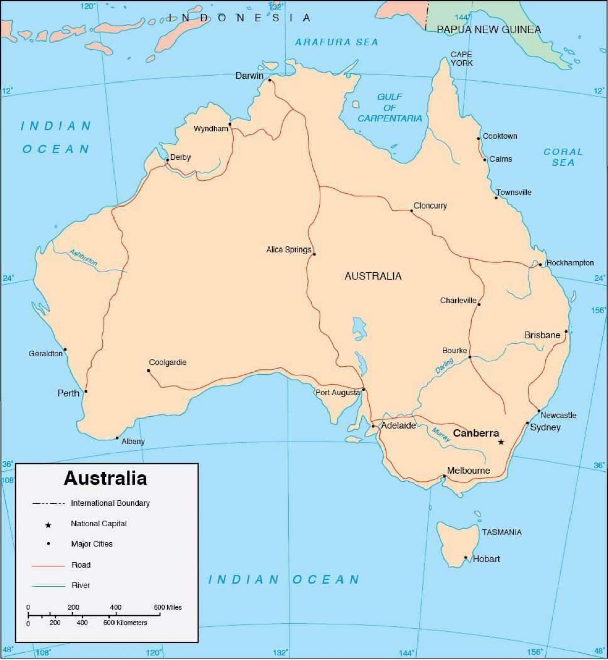 Mapa de Australia con las principales ciudades