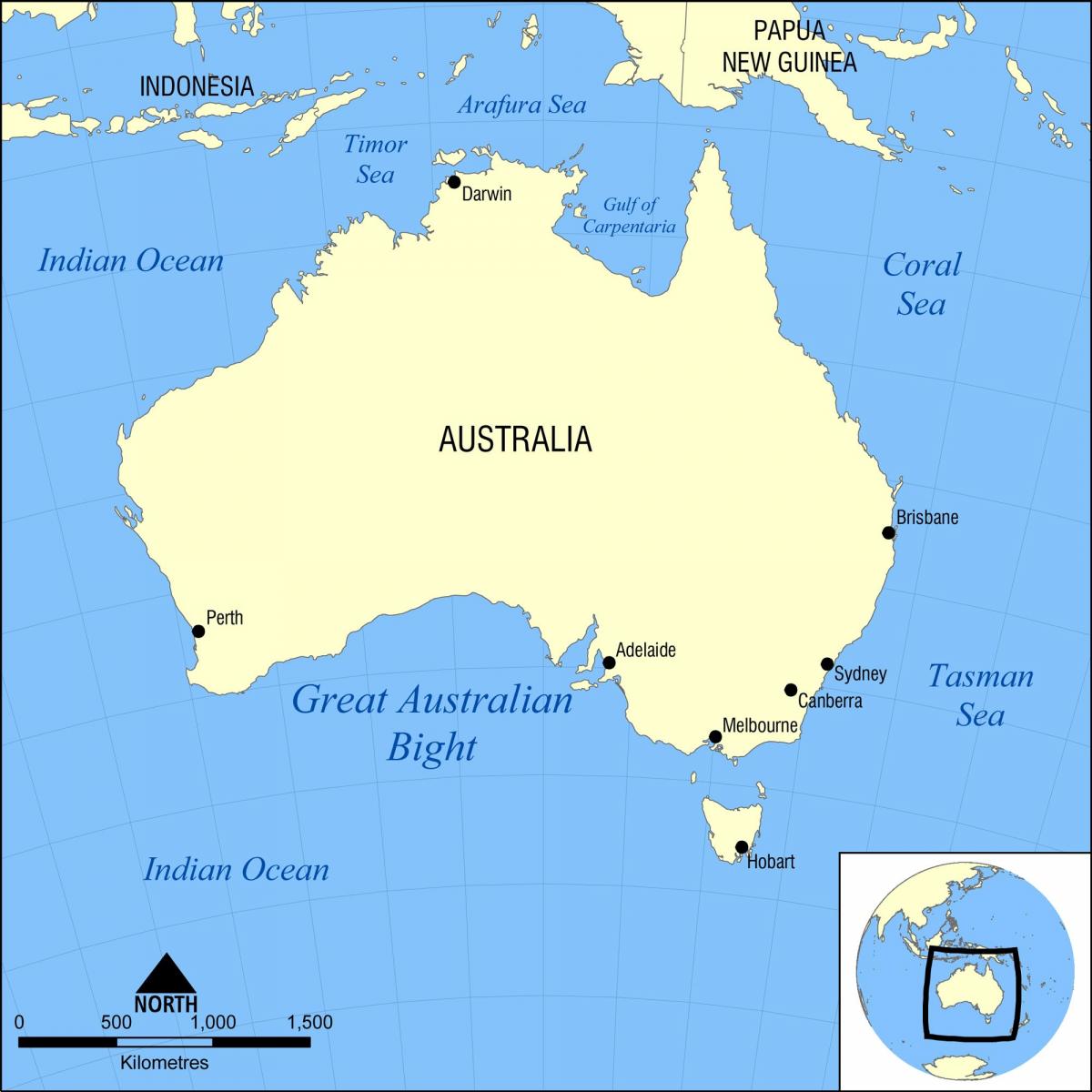 Mapa de Australia y países limítrofes